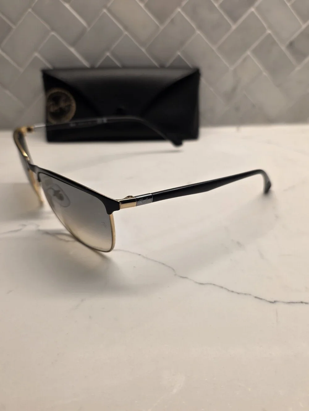 Ray-Ban RB 3686 187/32 Square Sunglasses (Polished Black on Gold / Clear Grey)